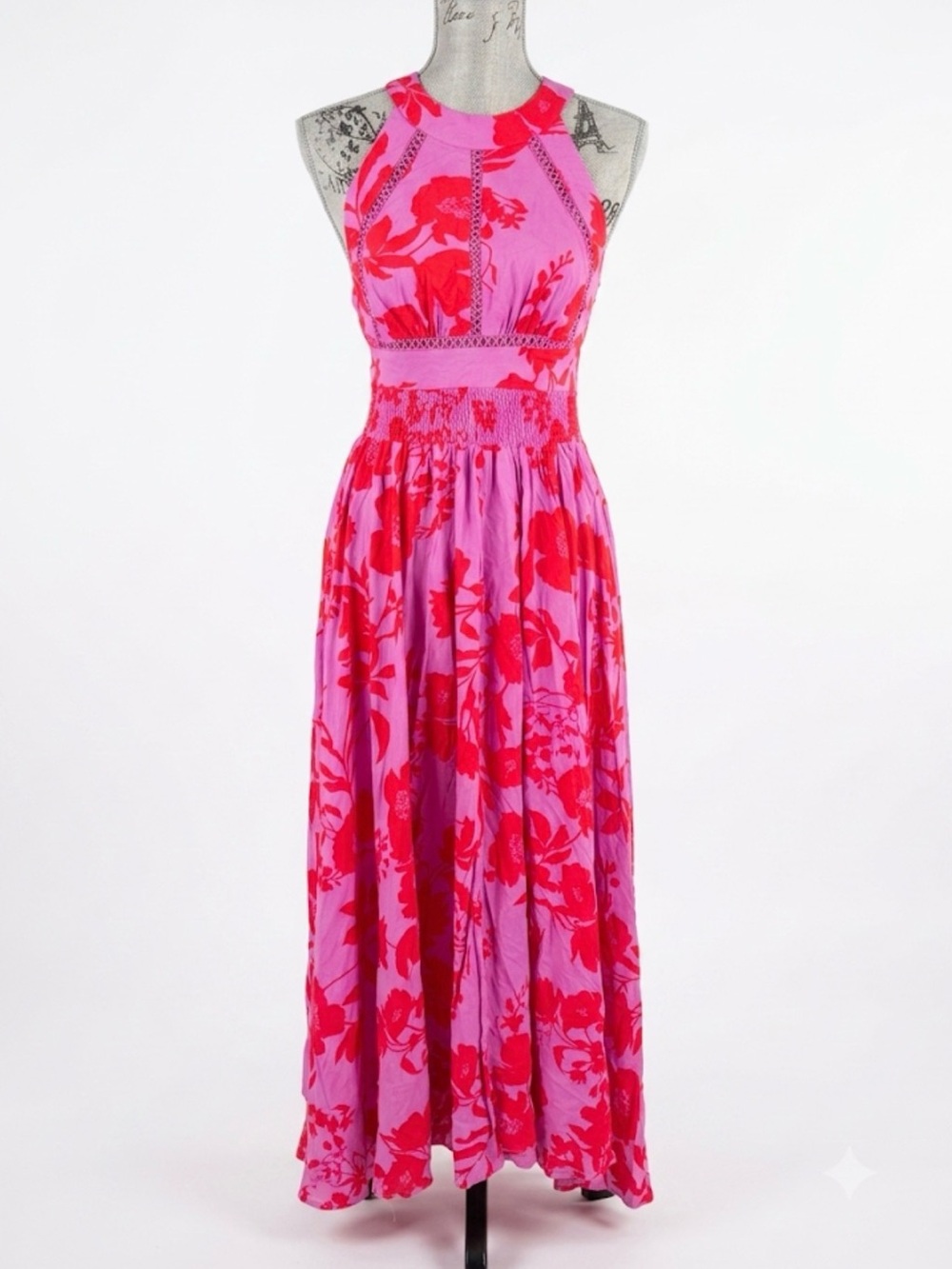 Abel The Label Pink Red Floral Smocked Halter Maxi Dress Medium